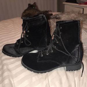 Black velvet combat boots